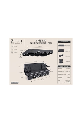 Zishome 3 Kişilik Bahçe Balkon Salıncağı Tekstil Seti 150x48x8 Cm Minder Ölçüsü Oturak Sırt Minderi Ve Tente Takımı Antrasit Metal İskelet Dahil Değildir Gri