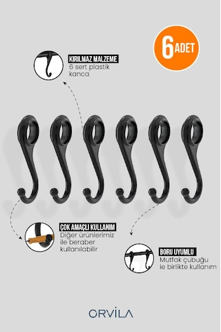 Siyah Metal Mutfak Ve Banyo Askısı 6 Kancalı Askı Demiri 42 Cm Çubuk