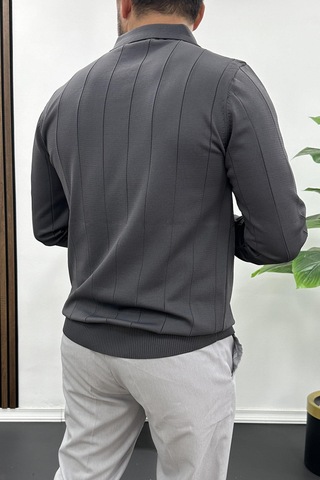 Erkek Yarım Fermuarlı Polo Yaka Mevsimlik Kazak Füme Edw195 Füme