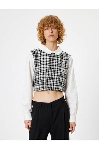 Koton Crop Bluz Gömlek Yaka Uzun Kollu Tüvit Kumaş Detaylı Slim Fit Siyah Ekose 5wal60002ıw