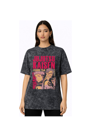 Jujutsu Kaisen Itadori Yuji Anime Baskılı Unisex Oversize Vintage Siyah