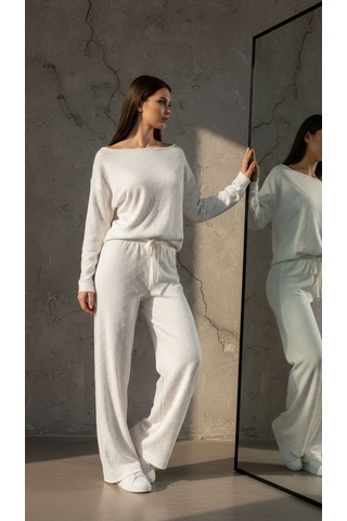 Kabartma Kalp Baskılı Omuz Dekolteli %100 Pamuk Pijama Takımı