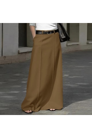 Vonda Kadın Cep A Etek Fermuar Düz Renk Uzun Yarım Etek Kahverengi