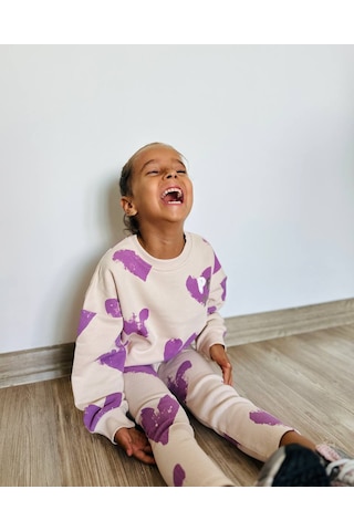 Kız Çocuk Çiçek - Leopar Detaylı 3 İplik Alt Üst Takım Sweatshirt + Tayt Mor
