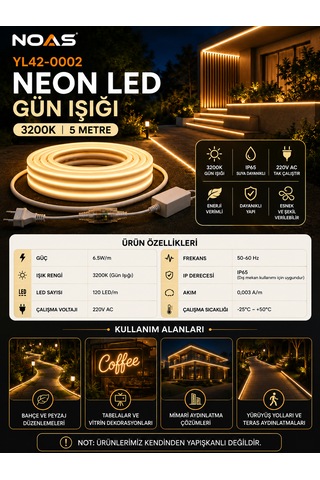 Noas 5 Metre 220volt Tak Çalıştır Gün Işığı Yüksek Performanslı 3200k Neon Led Fişli Trafo Gerektirmez Esnek Led Günışığı 3000-3200K