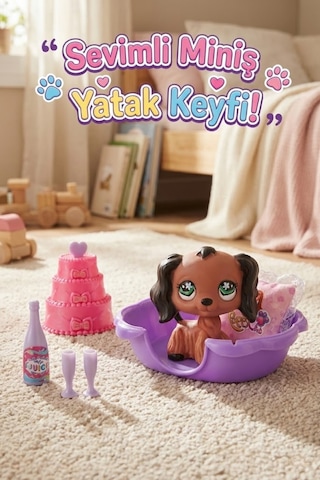 Craftivio Sevimli Miniş Köpek Figürü Ve Yatak Odası Oyun Seti - Pastalı Aksesuarlı Oyuncak Hayvanlar