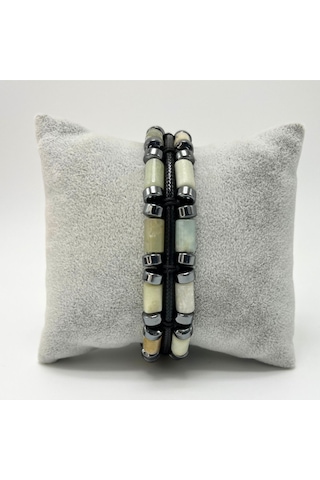 Yıldız Doğal Taş Amazonit Ve Hematit Makrome Doğal Taş Deri Erkek Bileklik Çok Renkli