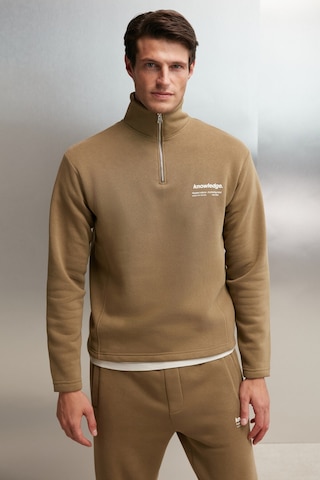 Grimelange Halden Erkek Içi Polarlı Dik Yaka Yarım Fermuarlı Baskı Detaylı Regular Haki Sweatshirt