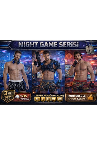 Mercan Erkek Pamuklu Boxer 3'lü Set - Nıght Game Serisi, Rahat Kesim Çok Renkli