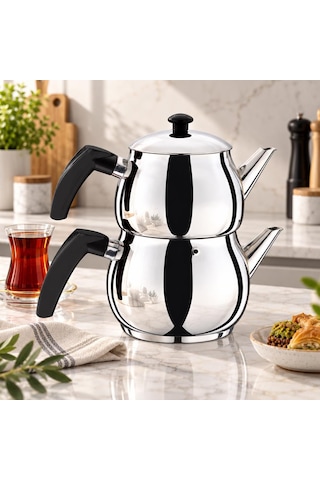 Serenk Excellence Mini Boy Çelik Çaydanlık 0,75 L Demlik, 1,5 L Suluk Gümüş - Siyah Serenk Excellence Mini Boy Çelik Çaydanlık 0,75 L Demlik, 1,5 L Suluk Gümüş - Siyah