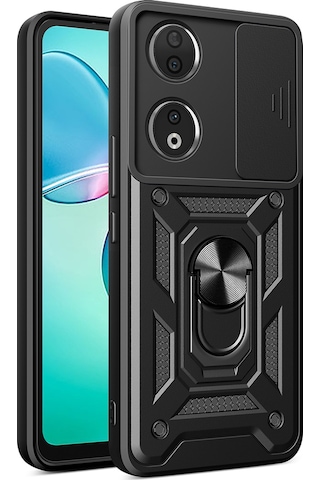 Teknomoda Honor 90 Kılıf Yüzüklü Standlı Sürgülü Kamera Korumalı Tank Sert Silikon Kapak Siyah