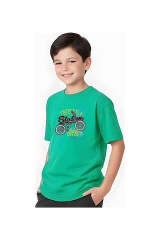 Fyk Kids Erkek Çocuk Yuvarlak Yaka Bisiklet 52 Erkek Baskılı T-shirt Yeşil