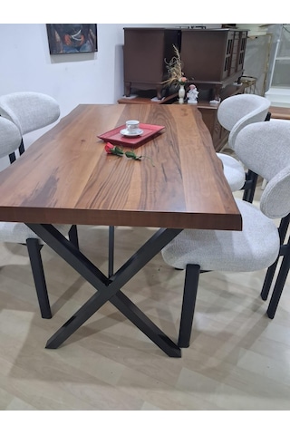 Masa Kütük 90601 V Ayak Sabit Ahşap Boyalı 4 Adet Sandalye Metal Ayak Kahverengi