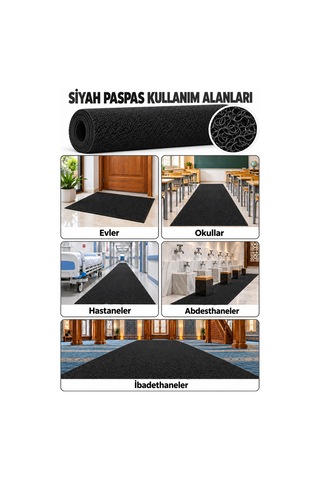 Hortumtech Kıvırcık Paspas Kir Tutucu Pvc Kapı Önü İç Dış Mekan Eko 12 Mm - Siyah 100 X 250 Cm