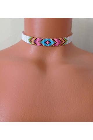 Kum Boncuk Dokuma Choker Kolye Gümüş