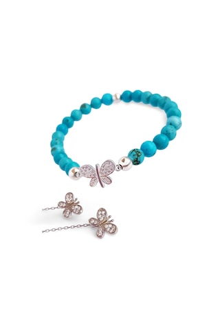 Gümüş Firuze Turkuaz Doğal Taşlı Bileklik Kelebek Zincir Küpe Çoklu Kombin Açık Mavi