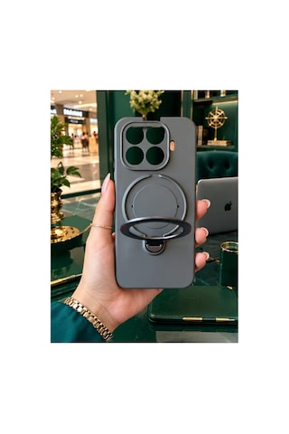 Mi 17t Pro İle Uyumlu 360 Derece Dönebilen Kalın Metal Magsafe Halka Stantlı İçi Kadife Korumalı Ultra Lüx Premium Silikon Kılıf Gri