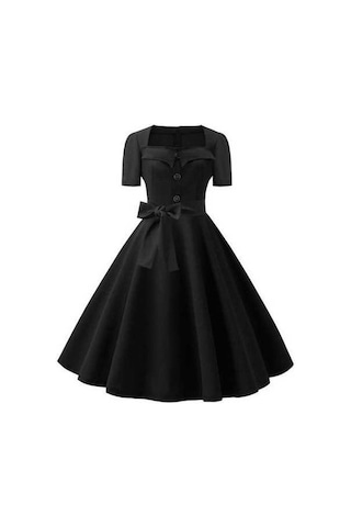 Novahub Kadın Retro Elbise, 1950'ler Vintage A-line, Kare Yaka, Kısa Kollu, Siyah, Nokta Baskı, Orta Bel Kuşaklı, Fiyonk Dekor Siyah