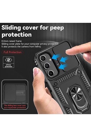 Samsung Galaxy A16 Uyumlu Kamera Sürgülü Tank Kılıf Ve Temperli Cam Ekran Koruyucu Set Siyah
