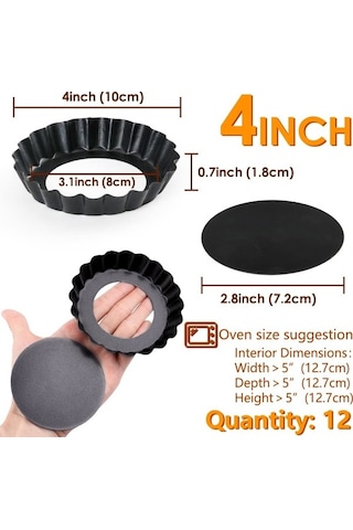 Bloomnest 12 Parça 4 İnç Mini Tart Tavaları, Yapışmaz Çıkarılabilir Altlı Tart Kalıpları, Pişirme Seti Siyah