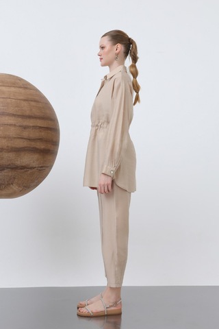 Loreen 20610 Kadın Beli Büzgülü Gizli Patlı Pantolonlu Takım Beige
