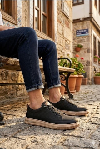 Pepita E385 Rahat Hafif Keten Özel Tasarım Spor Sneaker Erkek Ayakkabı Siyah