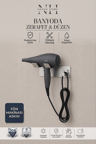 Paslanmaz Çelik Yapışkanlı Fön Makinesi Askılığı Delmeden Montaj Neme Dayanıklı Inox