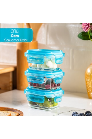 Porsima 4376 3lü Kilitli Sızdırmaz Kapaklı Yiyecek Erzak Saklama Kabı Seti - Cam Saklama Kabı - 150ml Mavi Mavi