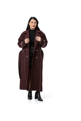 Büyük Beden Deri Biye Detaylı Fleto Cepli Kuşaklı Astarlı Kaşe Uzun Bordo Kaban Bordo