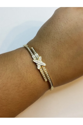 Kadın Çarpı Model Modern Çelik Bilezik Gold
