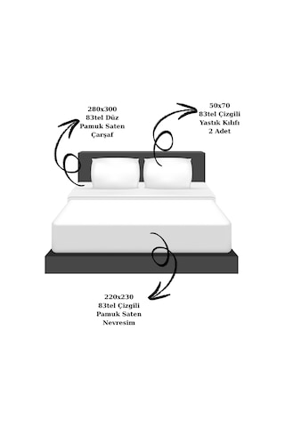 Nivora Çizgili Pamuk Saten Nevresim Takımı Çift Kişilik Premium 83 Tel Otel Serisi King Size 220x230 Beyaz