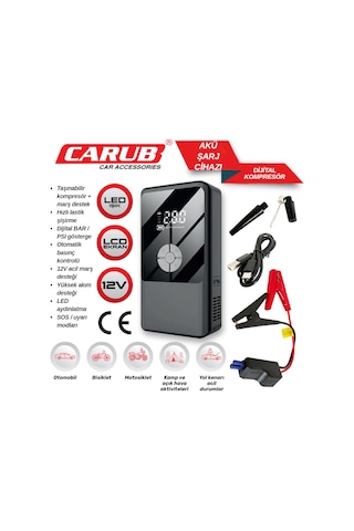 Carub 0470350 Akü Takviye Cihazı Ve Dijital Taşınabilir Hava Kompresörü 12v Akü Takviyeli Led Işıklı