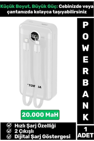 Kompakt 2 Çıkışlı Dijital Şarj Göstergeli Hızlı Şarj 20000 Mah Powerbank Taşınabilir Şarj Cihazı Çok Renkli