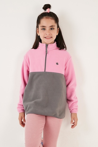 Lela Yumuşak Dokulu Yarım Fermuarlı Renk Bloklu Dik Yaka Unisex Çocuk Polar 5905004 Şeker Pembe-Gri