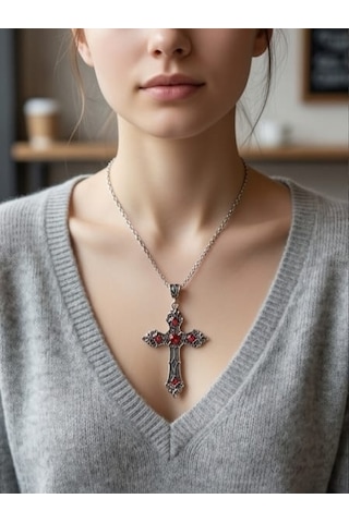 Dükkan Design Antik Rönasans Haç Kolye Gri - Kırmızı