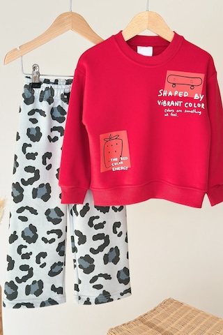Monila Kız Çocuk Kırmızı Baskılı Pamuklu Sweatshirt Ve Gri Leopar Baskılı Eşofman Alt Üst Takım