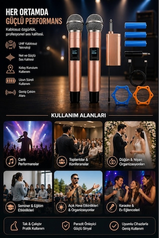 Jrl Wn-11 Profesyonel Çiftli Kablosuz El Mikrofonu Seti - Uhf Bandı Şarj Edilebilir Alıcılı - Rose G