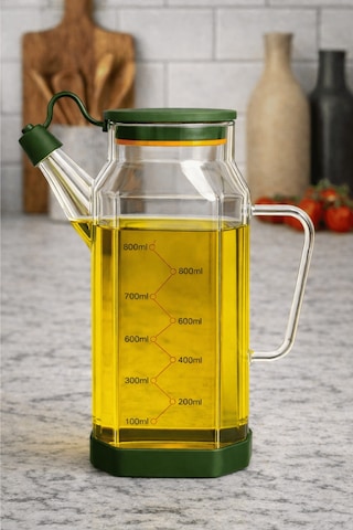 Şeffaf Cam 800 Ml Yağdanlık Sürahi Akıtmaz & Kaymaz Silikon Tabanlı Yağlık - Yeşil Yeşil