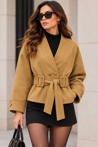 Neşeli Butik Kadın Camel Süet Dokulu V Yaka Çift Düğmeli Tokalı Kuşaklı Oversize Ceket Nbk020
