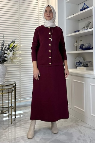 Rabia Şamlı Melis Çelik Örme Triko Takım Bordo Çok Renkli