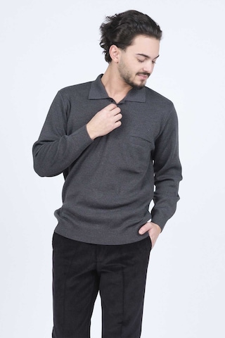 Ateş Triko Erkek Polo Yaka Düğmeli Yün Kazak 6091023 Koyu Gri Koyu Gri