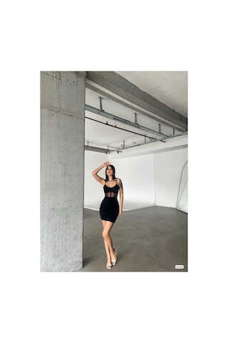 Angbutik Kadın Tasarım V Yaka Askılı Bodycon Mini Elbise Siyah