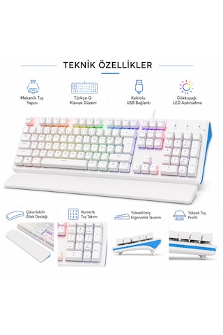 Türkçe Q Mekanik Gaming Klavye Kablolu Usb Rainbow Led Aydınlatmalı Bilek Destekli Full Size Beyaz