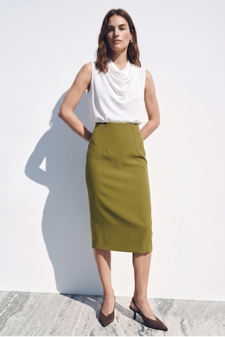 Sateen Düz Kalem Etek - Yağ Yeşili-137385