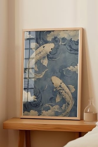 Zestia Ahşap Çerçeveli Tablo, Koi Balıkları, Japon Dalgalar Arasında, Mavi Tonlar Poster No: 107505 30 X 40