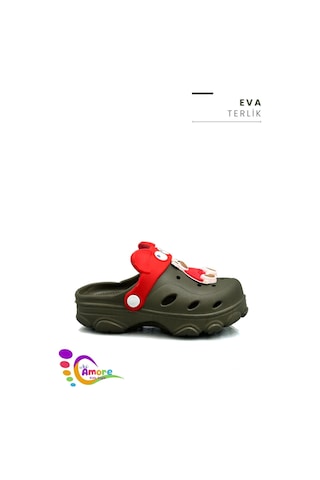Sermoda Gözlük Desen Ayıcıklı Eva Çocuk Plaj Havuz Terlik Sabo Terlik Haki Kırmızı