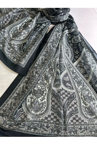 Kadın Pamuklu Siyah Gri Retro Etnik Şal