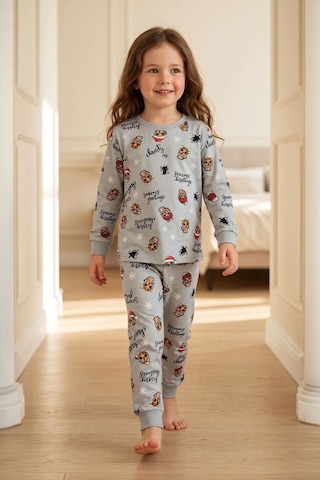 Zuzunga Kız Çocuk Yılbaşı Temalı Tiger Desenli Uzun Kollu Pijama Takımı Gri