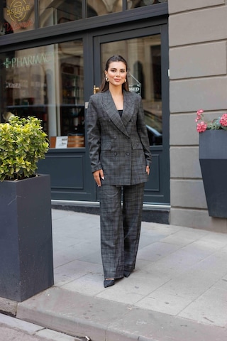 6 Düğmeli Kruvaze Ekose Takım Siyah Siyah