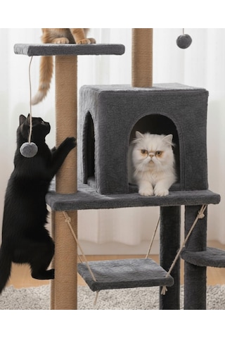 Pet Y01 Salıncaklı Yuvalı Lüx Kedi Tırmalama Oyun Evi Antrasit